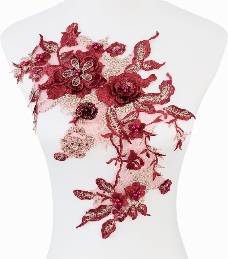 Silvora Colorful Flower Fabric Beaded Lace Applique,3D Embroidered Flower Fabric Patch for Bridal Dress, Handmade Sewing Tool for Wedding DIY Crafts(Red-1) - Image 1